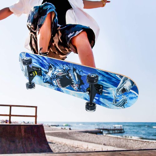 Skateboards for Beginners, 31 x 8 inch Complete Skateboard for Kids Teens Adults, 8 Layer Maple Double Kick Deck Concave Cruiser Trick Skateboard with Multifunction Skate (Shark)