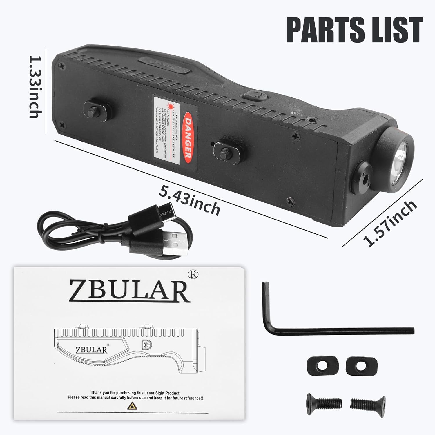 ZBULAR 1650 Lumens Flashlight with Strobe Function & Red Laser Sight - USB-C Rechargeable