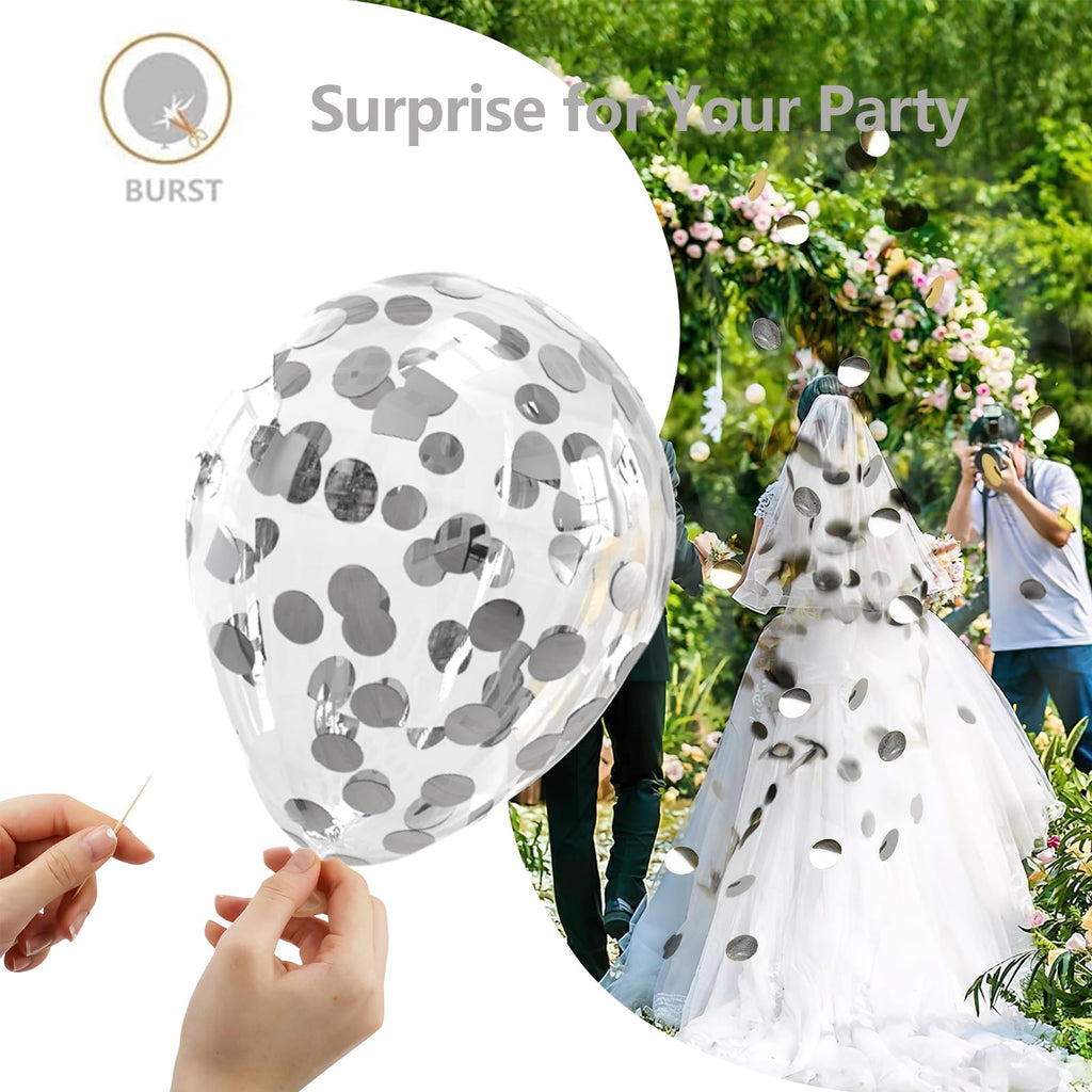 Bezente White Silver Balloon Garland Kit,100Pcs White Silver Metallic Chrome and Silver Confetti Balloons with Balloon Tape for Winter Wonderland Wedding Prom Special Events Party Winter Decor