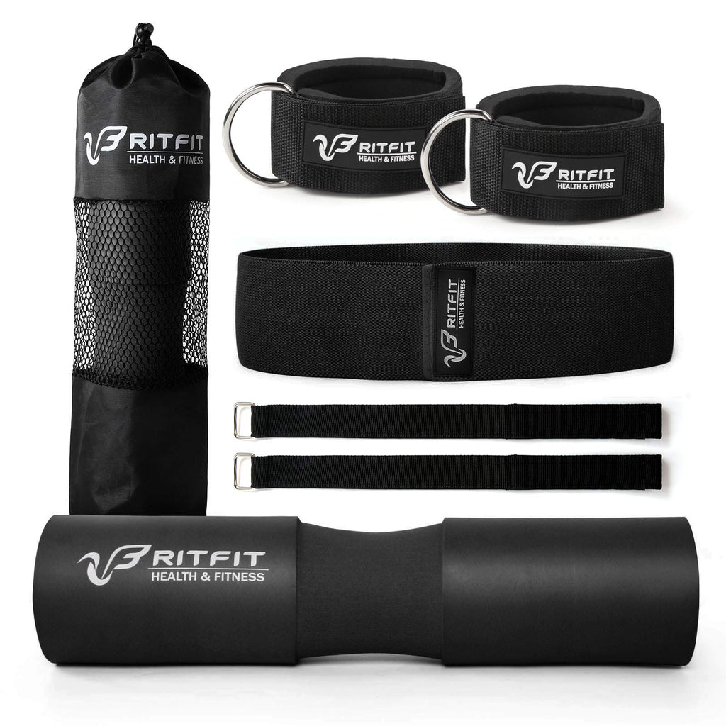 RitFit 7 Pcs Barbell Squat Pad Set, with Resistance Band, 2 Safety Straps, 2 Gym Ankle Straps & Carry Bag, Upgraded Neck & Shoulder Protective Pad Support for Squats, Lunges & Hip Thrust (Pink/Black)