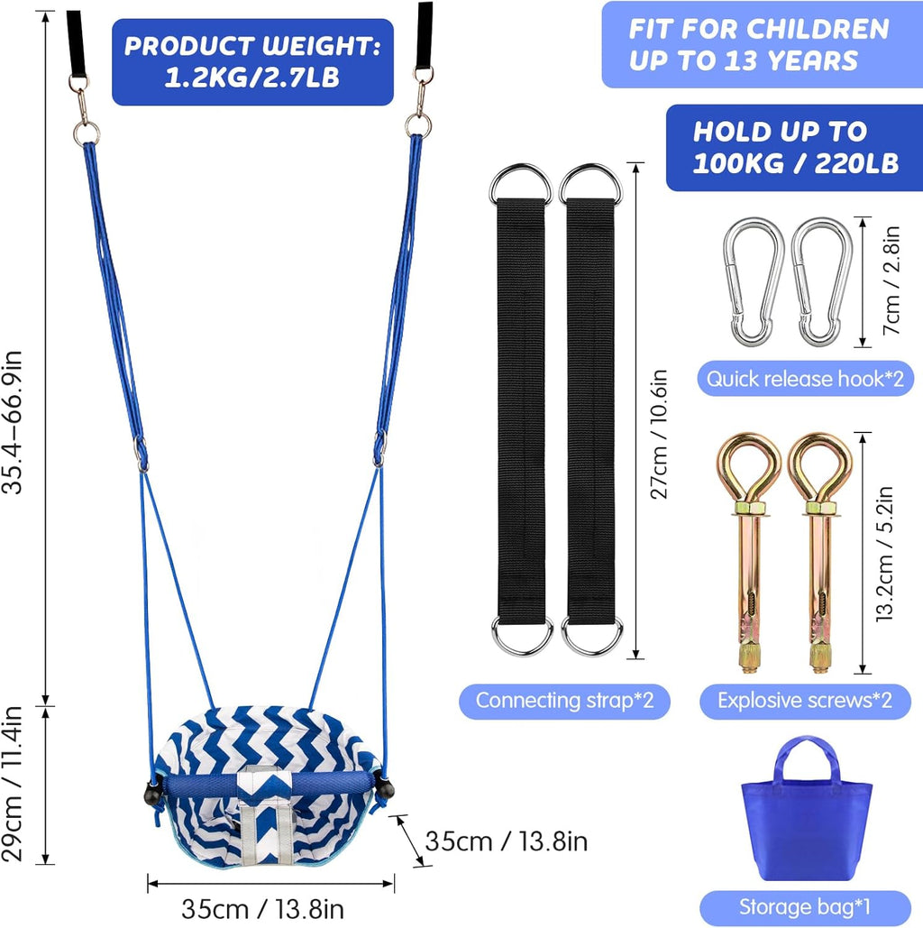 Skiennix Toddler Swing - Comfy Indoor/Outdoor Baby Swing Seat with Safety Harness | Easy Installation, Blue