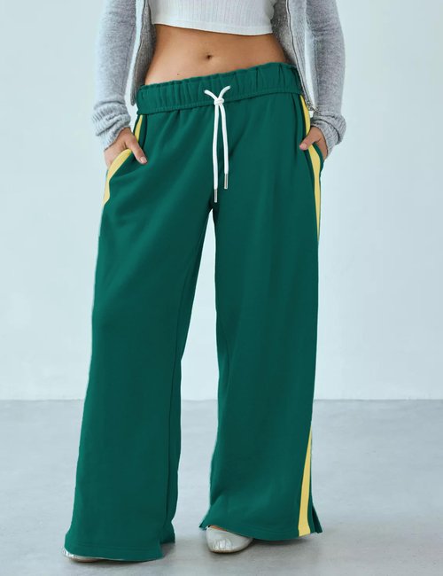Jianzhixiao Women's Fleece Jogger Sweatpants Double Striped Athletic Track Pants High Waisted Wide Leg Pockets(DarkGreen-S)