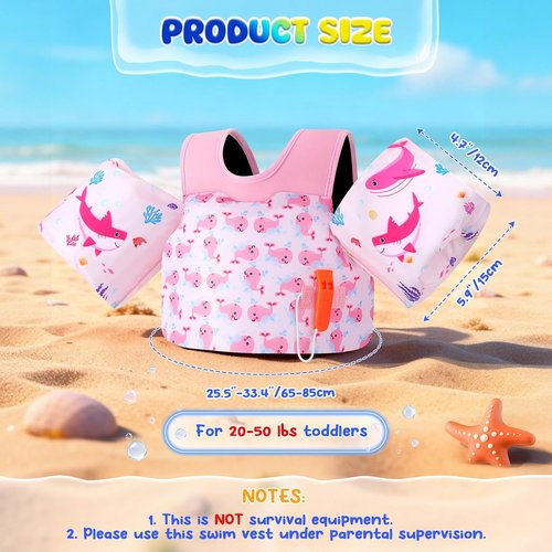 MoKo Toddler Swim Vest for Kids 13-30/20-50/22-66lbs, Swim Arm Floaties Cartoon Swimming Water Wings Pool Float Vests Sleeves Shoulder Straps Arm Band for Children Learn to Swim