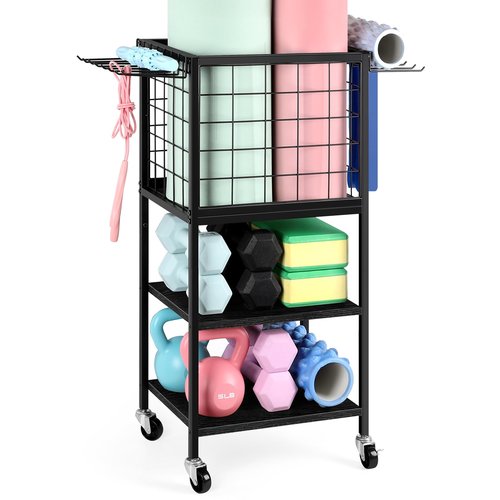 ETELI Weight Dumbbells Rack for Home Gym Yoga Mat Storage Rack Cart Small Metal Wood Home Gym Workout Equipment Storage with Hooks for Block Foam Rollers Resistance Bands, Black
