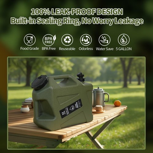 HAIGE 5 Gallon Water Jug with Spigot, BPA-Free Portable Water Container for Camping Picnic Hiking Emergency Water Storage, Green 5 Gal Water Tank with Handle & Lid