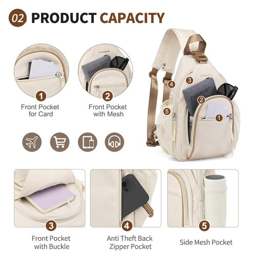 SUIKIHUM Crossbody Sling Bag with Water Bottle Holder, 8.3" Convertible Small Backpack Anti Theft Daypack, Chest Fanny Pack for Men Women, Beige