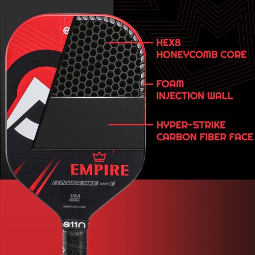A11N Empire Edgeless Pickleball Paddle – Carbon Fiber Paddle with Longer Handle Design for Double-Handed Backhand & SuperGrit Surface Texture Technology, PowerMax – Elongated Shape, Red