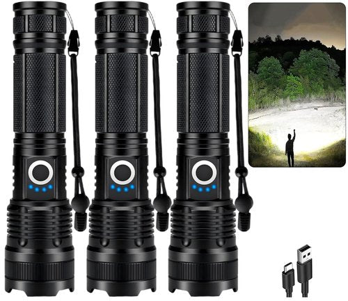 ECLINCO 3 Pack Rechargeable Flashlight High Lumens, 99,000 Lumens Super Bright LED Flashlights with Adjustable Focus, 5 Modes, IPX7 Waterproof Powerful Flashlight for Camping, Hiking, Home