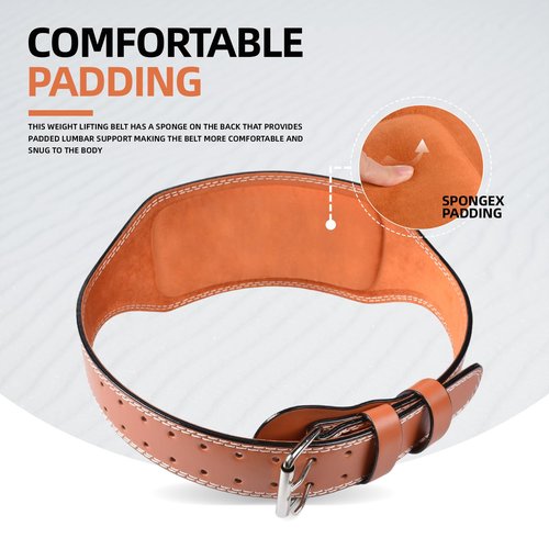 Leather Weight Lifting Belt, 4”& 6”Padded Lumbar Back Support, 10 Adjustable Holes, Gym Weight Belt Ideal for Deadlift, Powerlifting, Bodybuilding and Squat (6-Inch Brown, L (24"-35"))