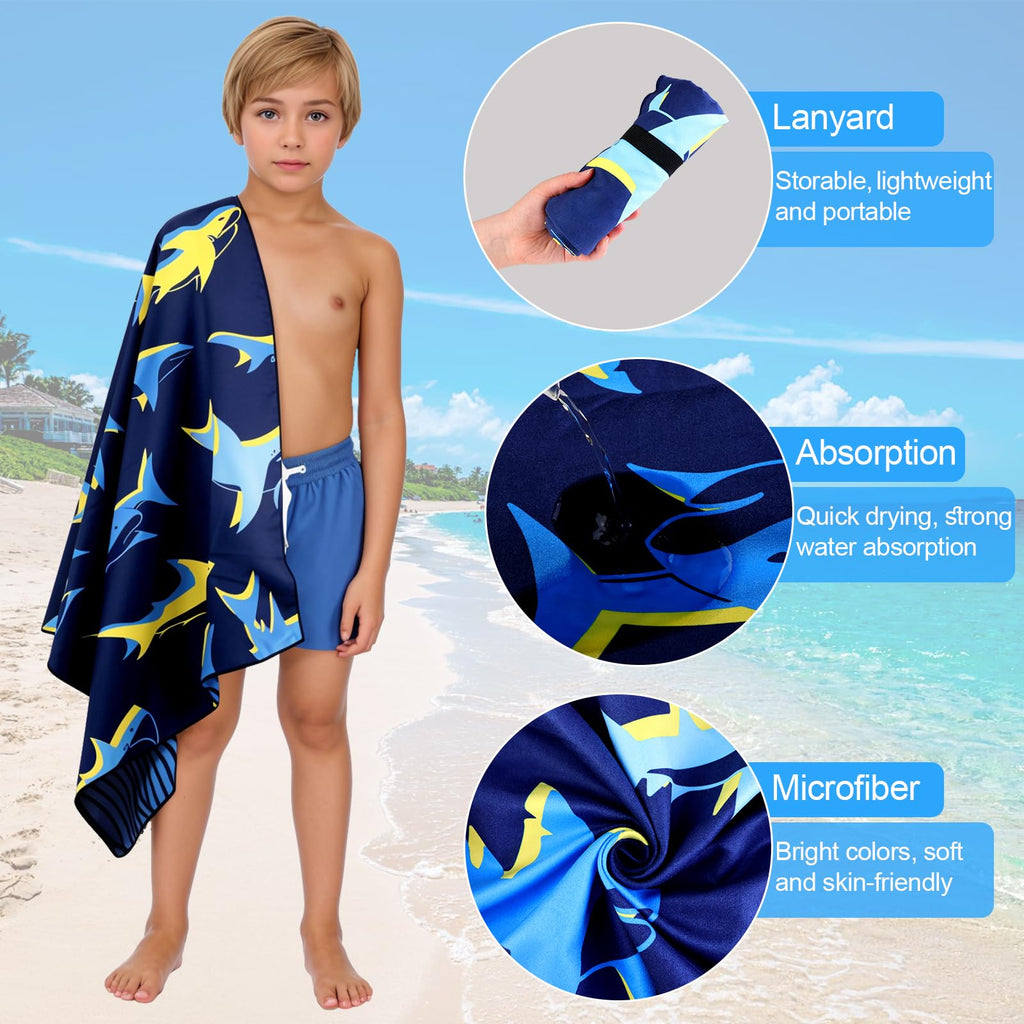 MelonBoat Large Microfiber Beach Towel: Bright Yellow Blue Shark Beach Towel for Travel, Super Absorbent Quick Dry Sand Free, Lightweight Compact for Kids Trip Vacation Bath Camping Pool Swim, 1 Pack