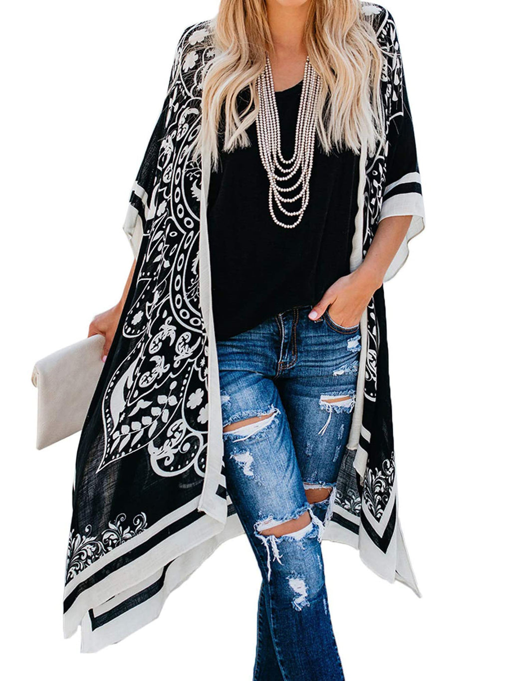 Breezy Lane Kimonos for Women Beach Coverup Bathing Suit Cover Ups for Swimsuit Boho Kimono Cardigans with Black Print
