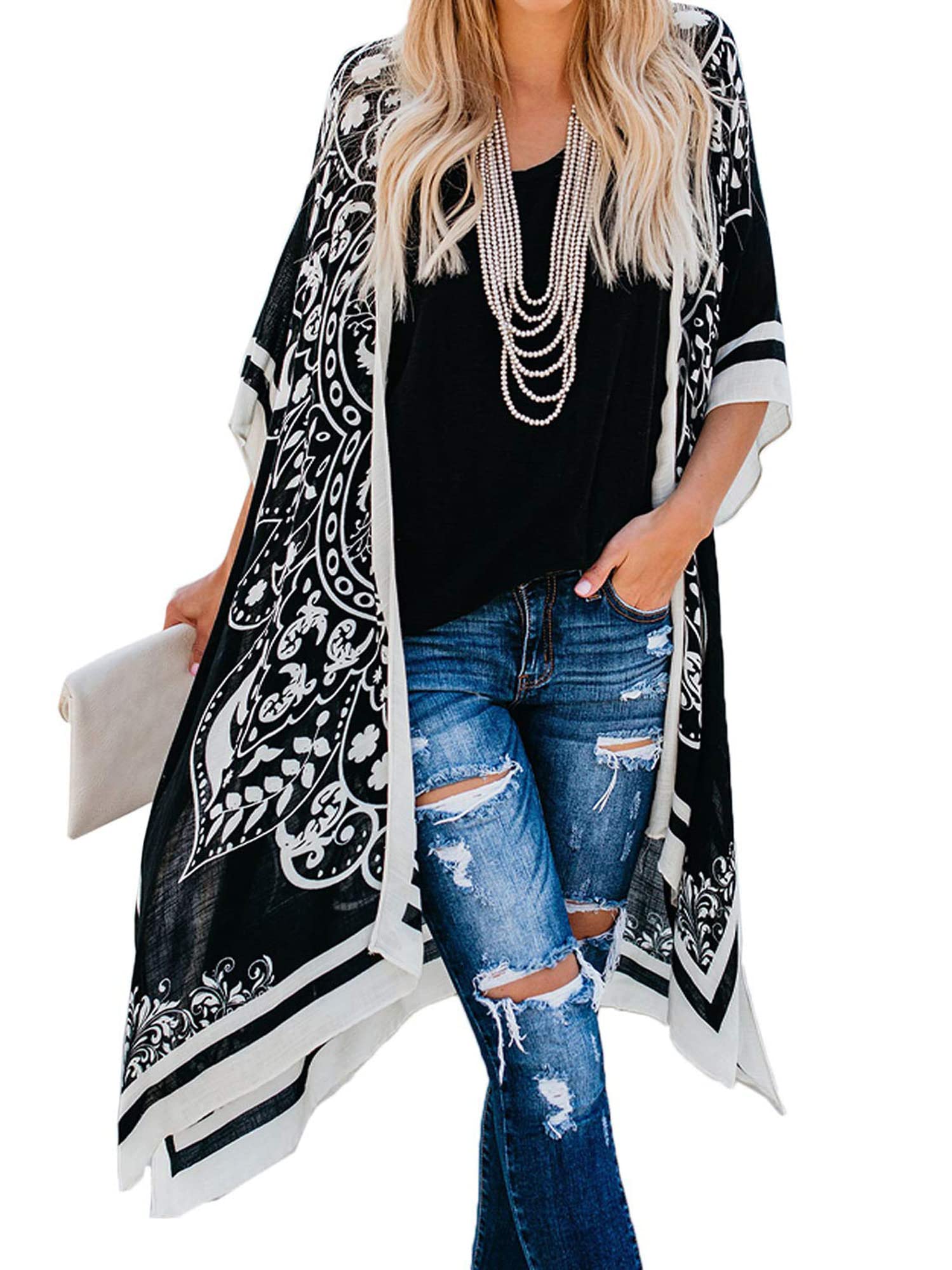 Breezy Lane Kimonos for Women Beach Coverup Bathing Suit Cover Ups for Swimsuit Boho Kimono Cardigans with Black Print