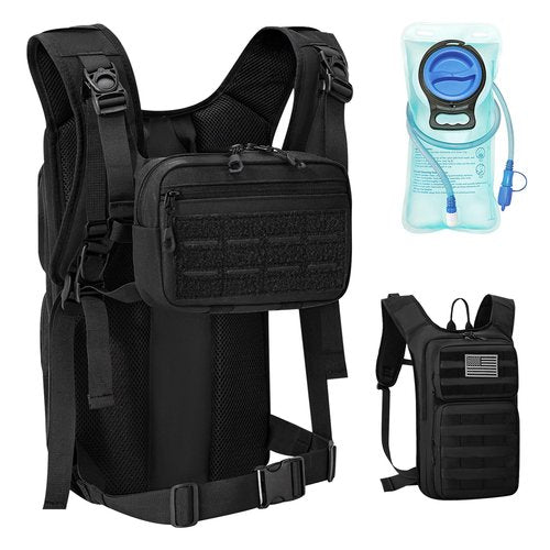 Koculemi Tactical Hydration Backpack with 2L Water Bladder and Front Small Tactical Pouch, Outdoor Water Backpack for Men Women, Sports Hydration Pack for Hiking, Cycling, Climbing (Black, M)
