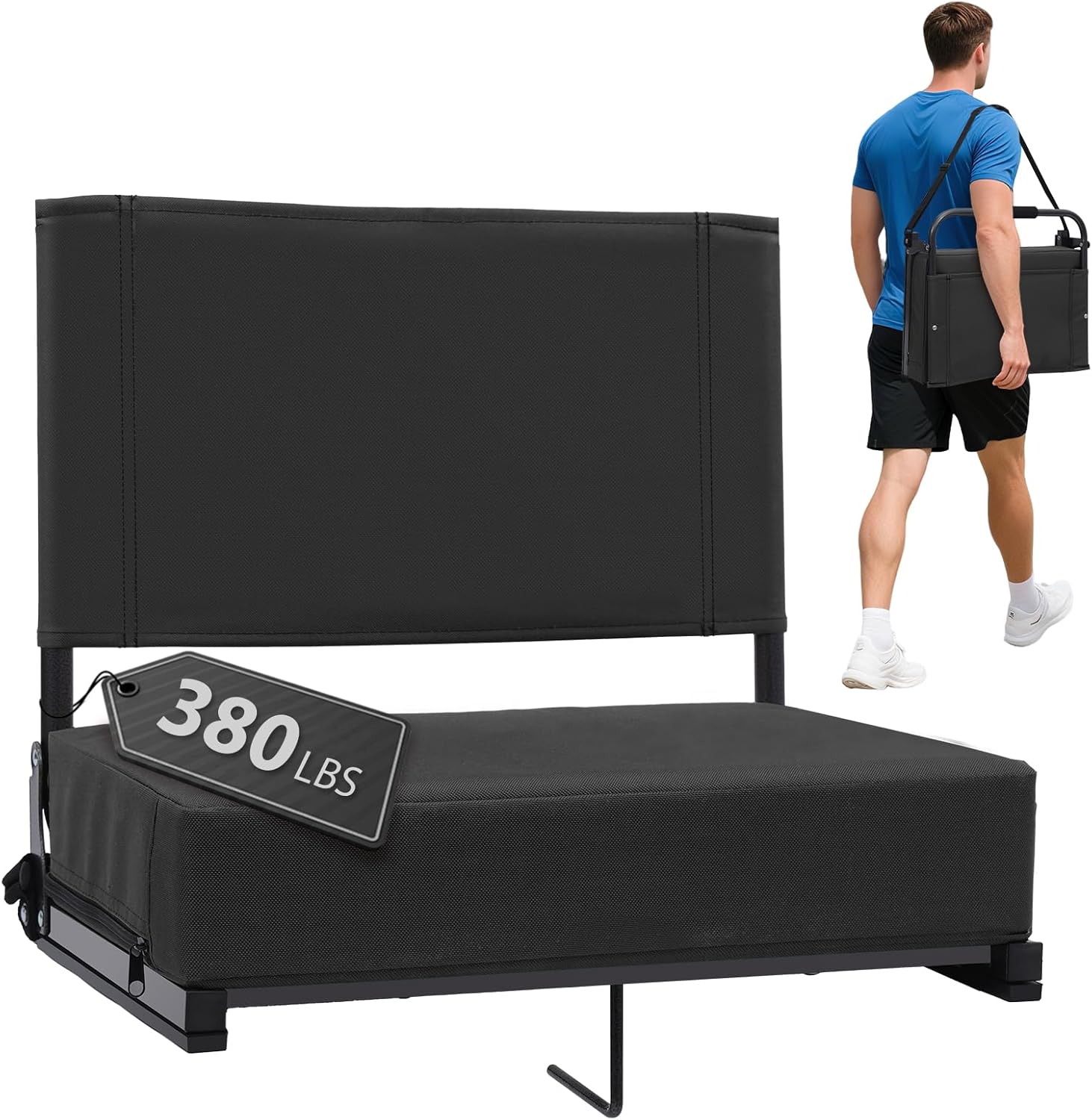 Stadium Seats - Padded Portable Bleacher Chair with Back Support & Handle Strap | 18.4in Wide for Sports & Outdoor Events