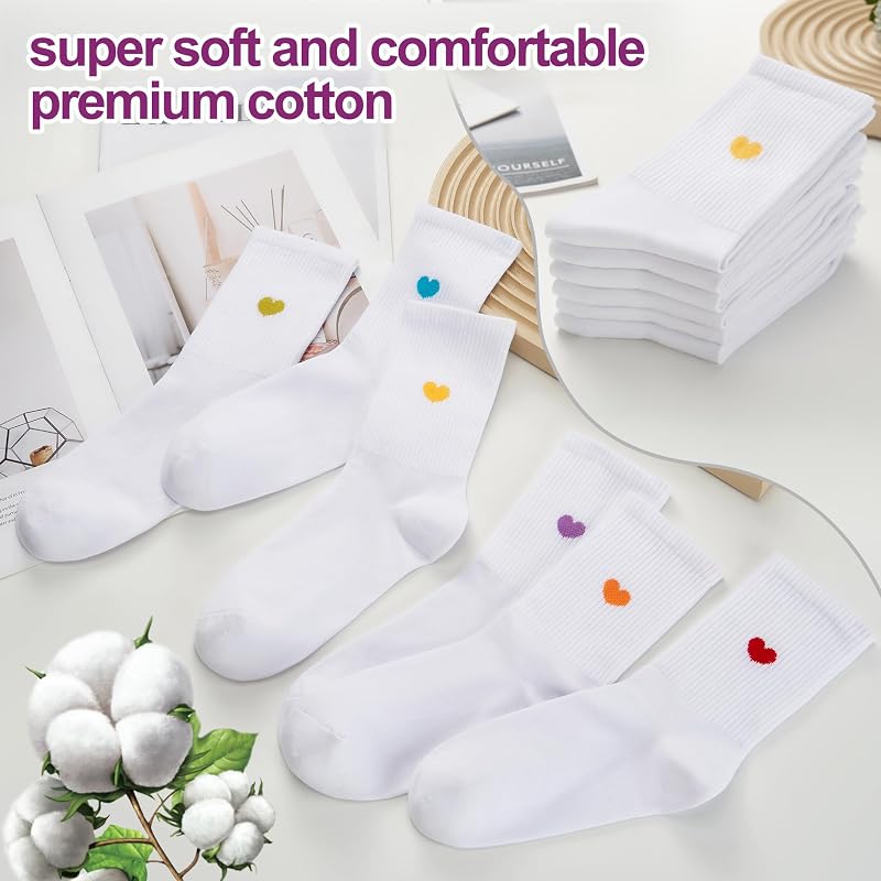 Womens Cotton Crew Socks 6 Pairs - White, Heart Pattern, Ankle Boot Socks