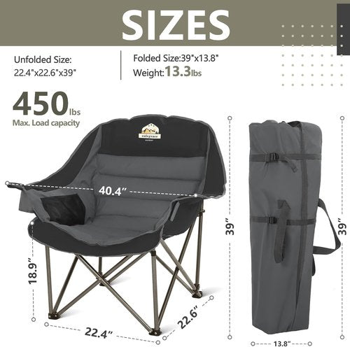 Colegence Oversized Camping Chairs - Set of 2 Heavy-Duty Padded Lawn Chairs | XL Foldable Design, Supports 450LBS - Black & Grey