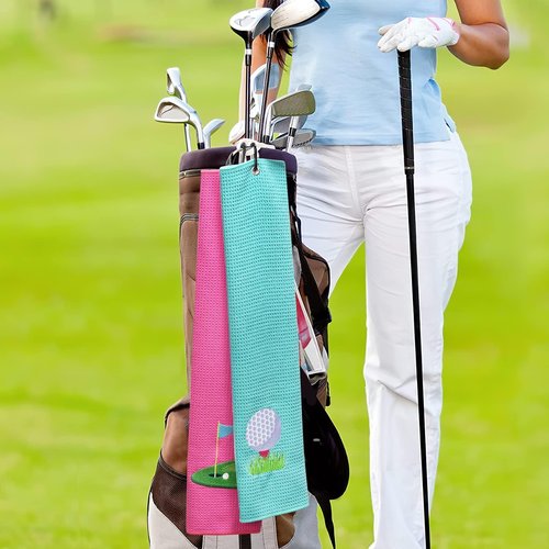 Vansolinne Golf Towels for Bags - Microfiber Waffle Pattern Pink Blue - Funny Gifts for Golf Fans, Set of 2