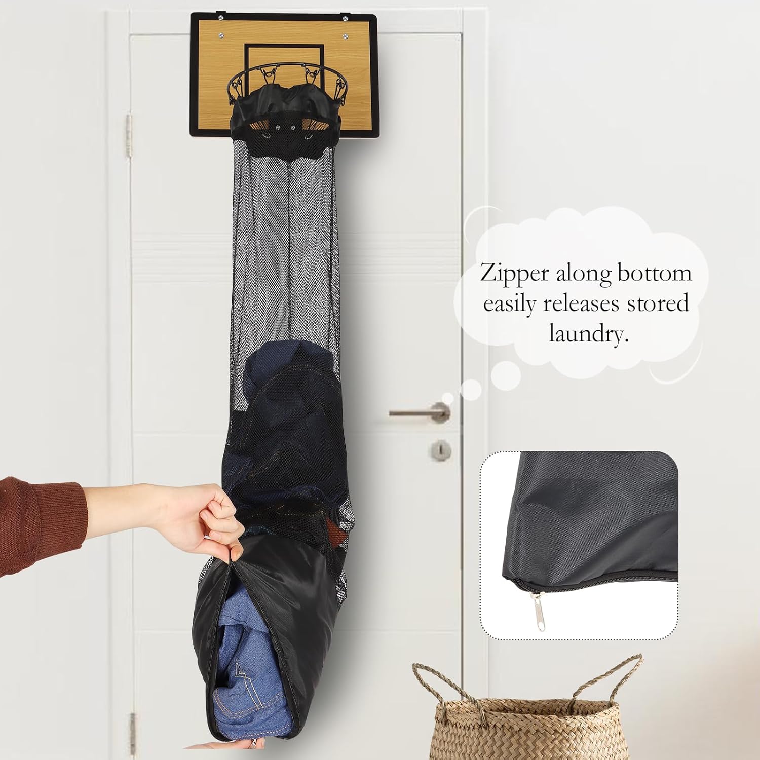 Skiennix Over The Door Basketball Hoop Laundry Basket - Space-Saving Wooden Hamper for Kids' Rooms & Dorms