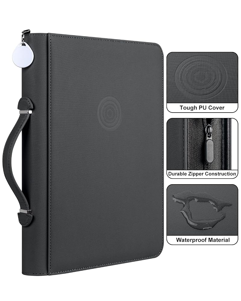 GEAoffice 9-Pocket Card Binder - 576 Card Capacity, Side-Loading PU Zip Binder with Handle (Black)