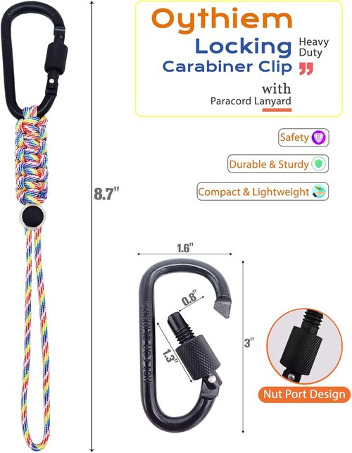 **Skiennix Heavy-Duty Locking Carabiner Clip - Detachable Paracord Lanyard for Camping & Hiking**