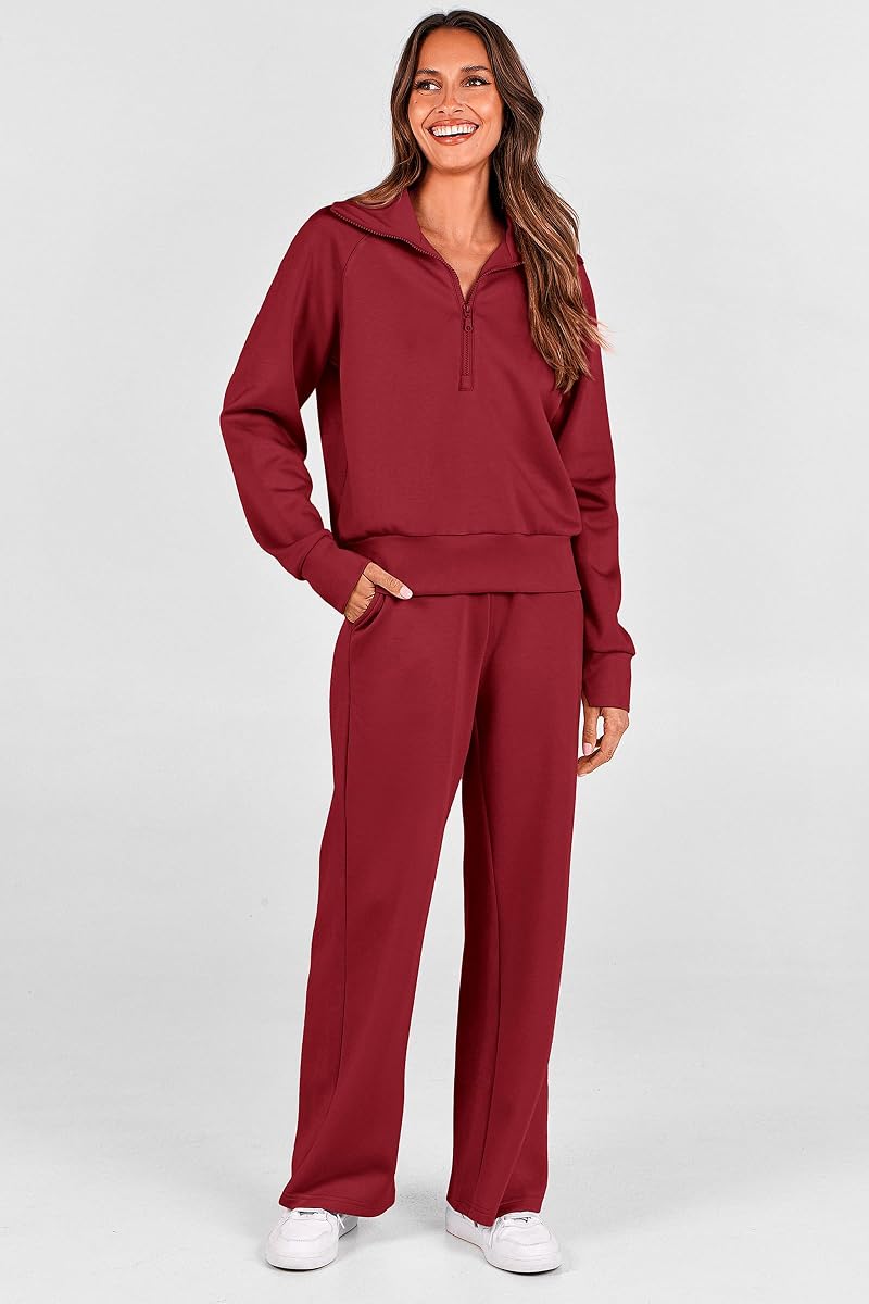 2-Piece Lounge Set for Women - Half Zip Sweatshirt + Palazzo Pants, Wine Red, Size M