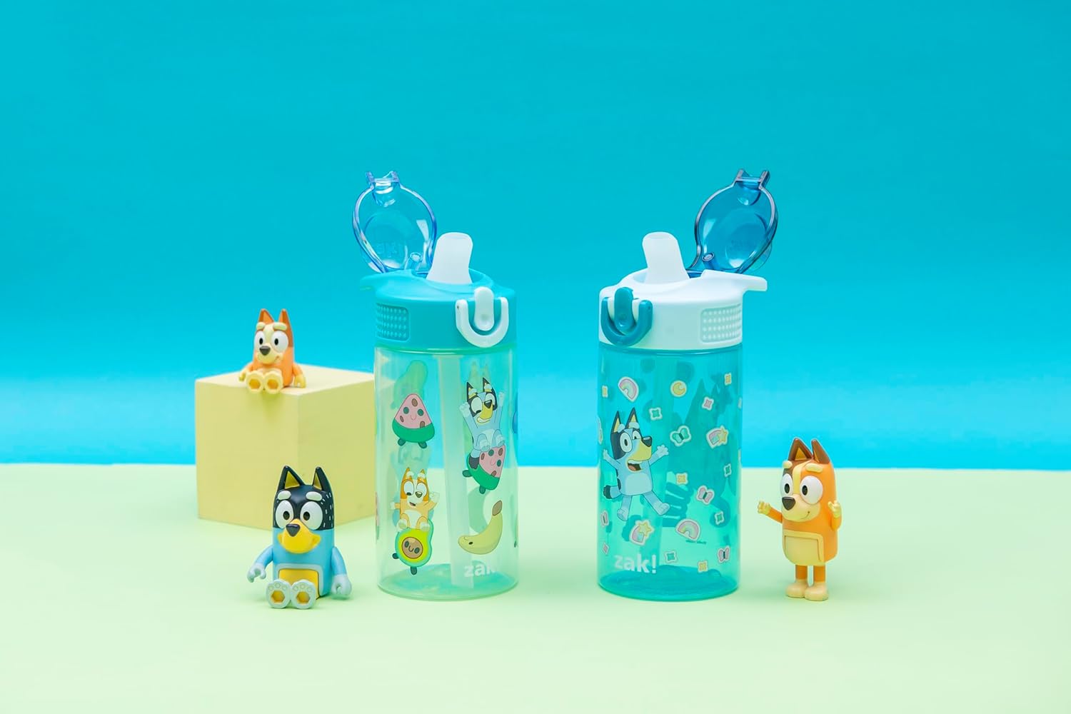 Zak Designs Bluey Sage Kids Water Bottle - Durable 16oz Plastic with Straw & Leak-Proof Cover | 2-Pack Set