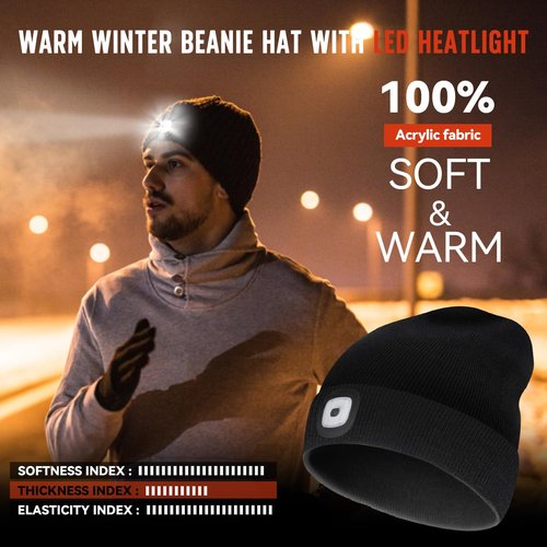 SYMNTEM Unisex Beanie Hat with Light, Rechargeable Headlamps Cap, Gifts for Men, Hiking, Camping headlamps, Cool Gadget Birthday Gifts for Men, Women, Dad, Father, Boyfriend, Black