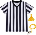 obmwang Kids Referee Shirt Costume, Black and White Stripe V Neck Referee Shirt, Yellow Penalty Flag and Whistle