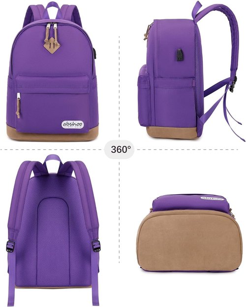 Abshoo Basic School Backpack - Water Resistant Bookbag for College & High School | Purple Daypack