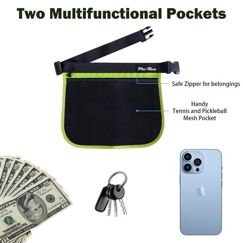 Pic-Ten Adjustable Pickleball & Tennis Ball Holder Waist Pouch - Mesh Hip Bag Carrier for Men, Women, Teens - Holds 10-12 Tennis or Pickleball for Cycling, Golf