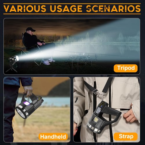LiangJJ Spotlight 1000000 Lumens, 6 Modes Super Bright LED Rechargeable Spotlight Flashlight with Cob Light, Tripod, Strap, 15000mAh 18Hrs IPX7 Waterproof Spot Lights Outdoor Handheld for Boating, L