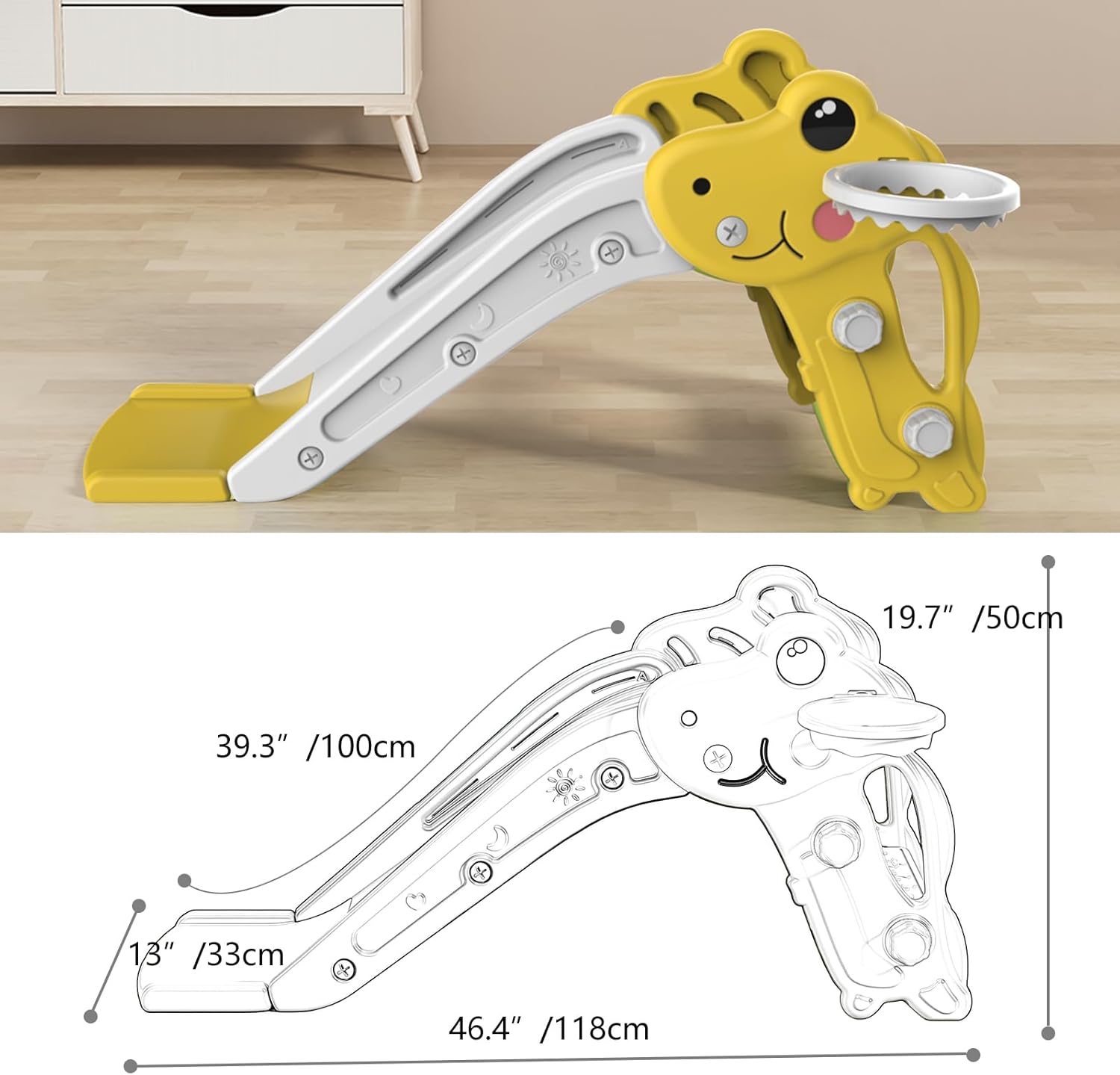 Skiennix Toddler Slide - Indoor/Outdoor Playset with Ball & Hoop, Non-Slip Steps | Yellow, Ages 1-3