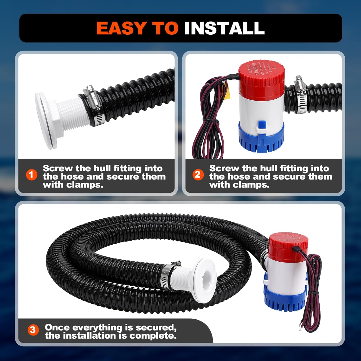 1100 GPH Boat Bilge Pump by [Brand Name] - 12V Plumbing Kit with 6FT Hose & Thru-Hull Fitting for Fishing Yachts