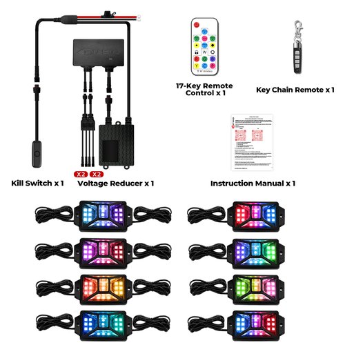 8PCS 12V-72V Golf Cart Lights, RGB Led Underglow Light Kit with 2 Remotes and App Control, Voltage Converter, Waterproof, Sound Active, Battery Drain Protect Kill Switch Golf Cart Underglow Lights