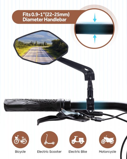 Bike Mirror Handlebar Mount, HD Wide Rear View Bicycle Mirrors for Handlebars with Scratch Resistant Glass, 360°Adjustable Bike Rear View Mirror for Scooter, Motorcycle, Bikes (HD Lens: Left)