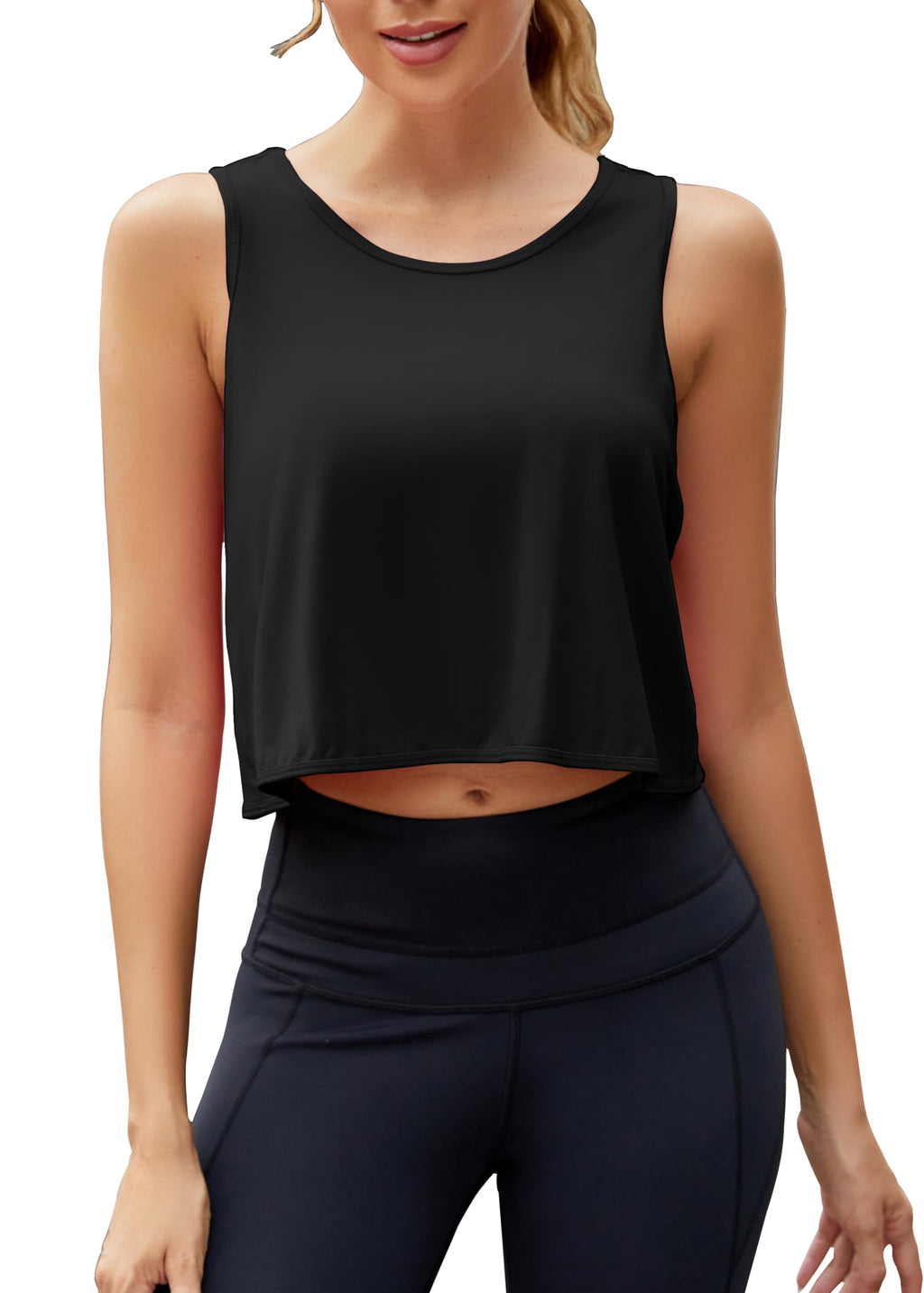 Mippo Workout Tank Tops for Women Open Back Athletic Yoga Gym Crop Tank Backless Workout Shirts Loose Fit Black L