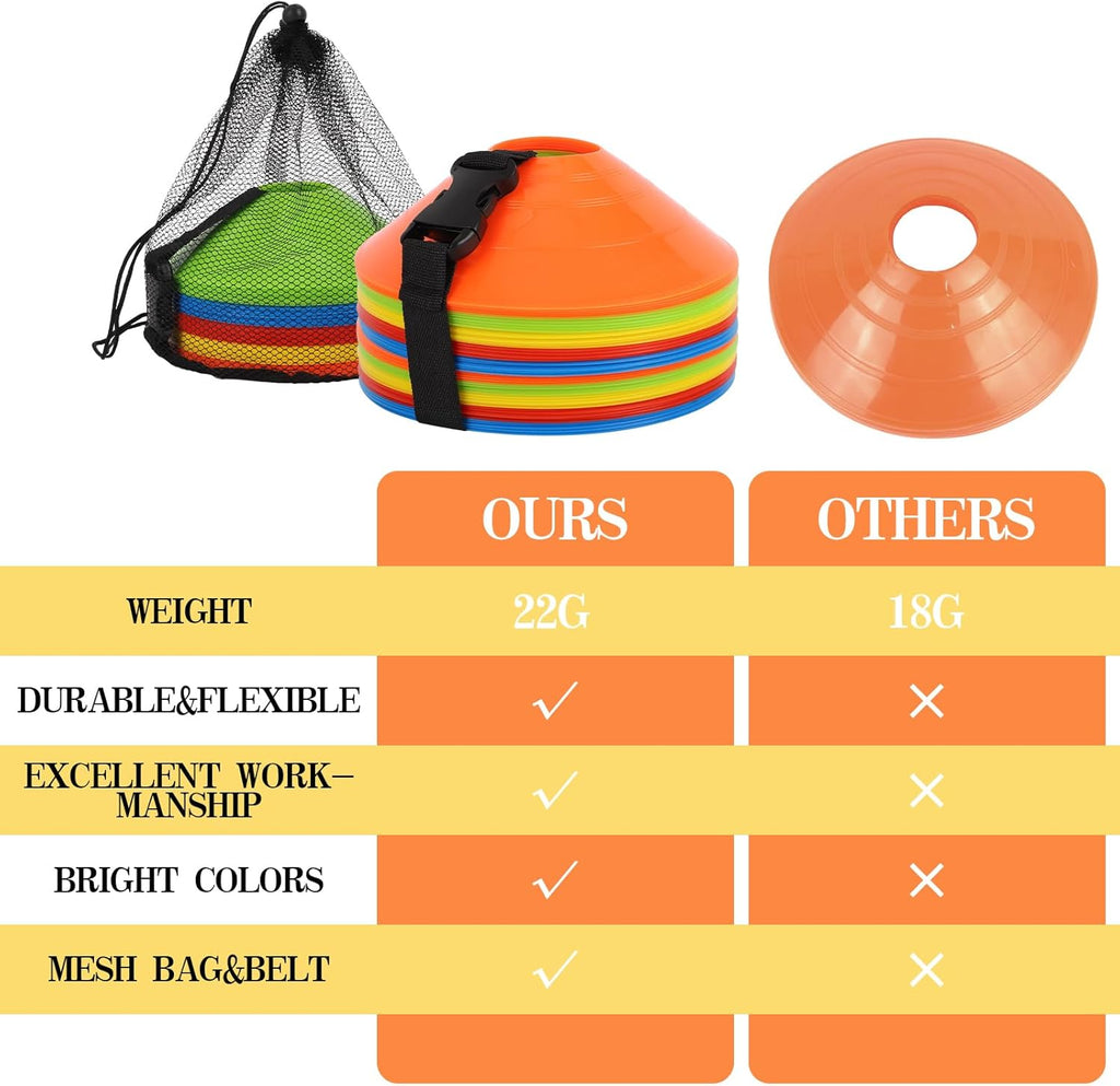 Soccer Cones - 15/25/30/50 Pack with Mesh Bag & Strap | Agility Cones for Training & Drills