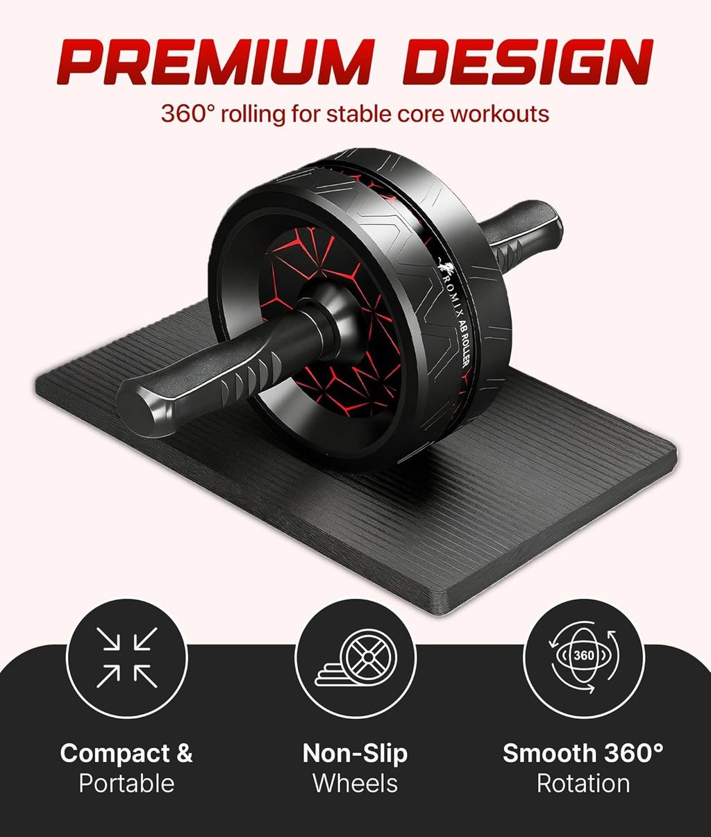 ROMIX Ab Roller Wheel - Wide Design with Extra Thick Knee Mat for Home Gym Fitness | Core Strength Training Equipment