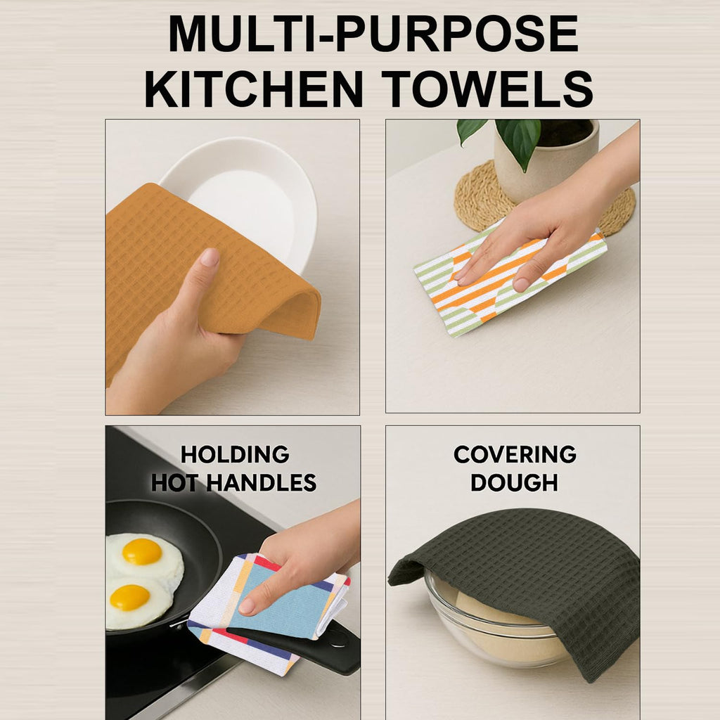 IXORA DECOR 100% Cotton Kitchen Towels Set of 4 | 2 Solid Dyed Waffle Weave Dishcloths & Geometric Digital Print Kitchen & Table Linen Cloth | Super Absorbent Napkins | 50 x 70 Inches