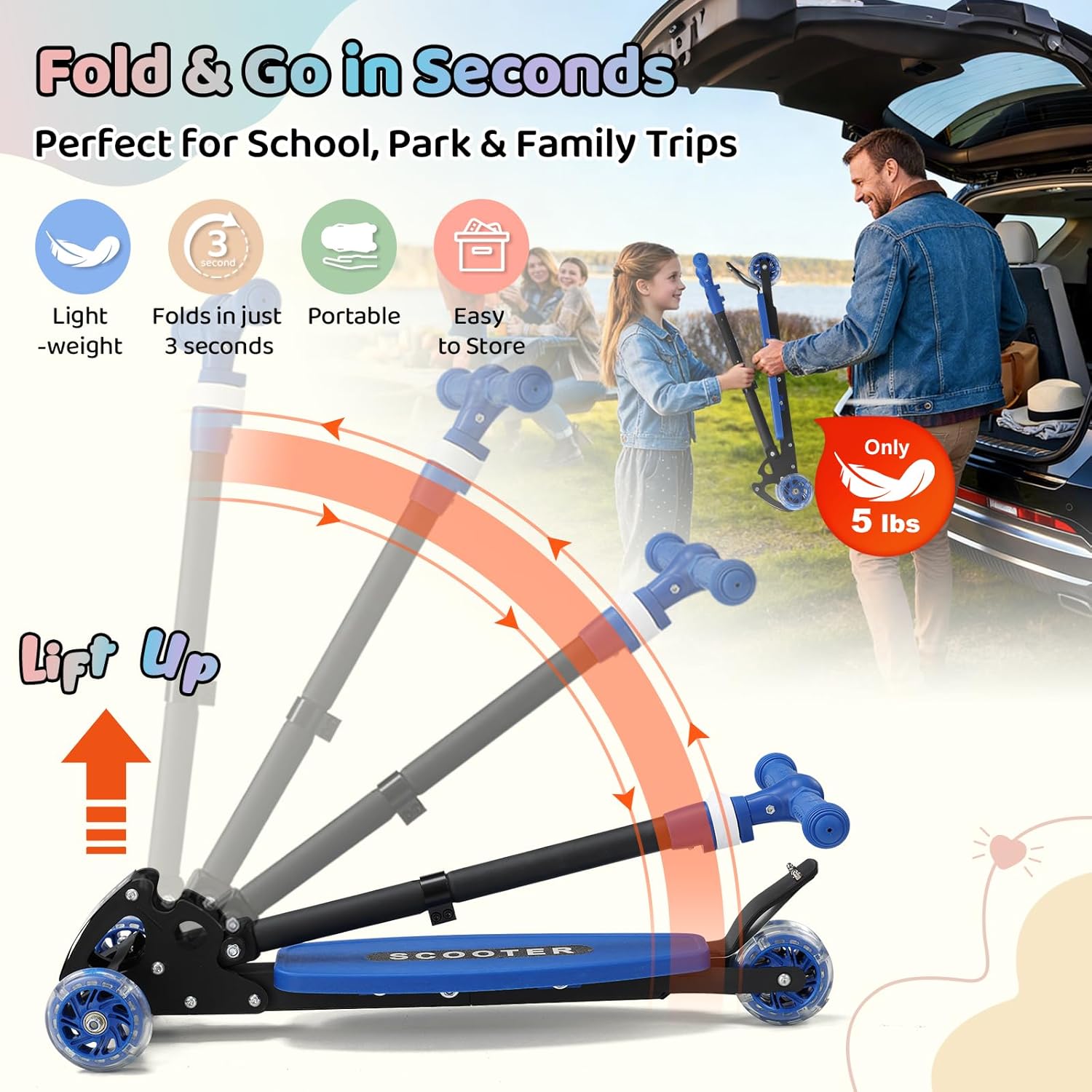 Skiennix Kick Scooter for Kids | Adjustable 28"-32" Handlebar, Light-Up Wheels, Anti-Slip Deck