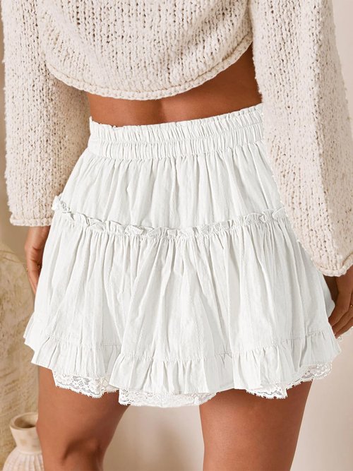 Aoudery Flowy Shorts for Women Lace Ruffle Tiered Mini Skirt Casual Boho High Waisted Tennis Golf Skorts Concert Outfits-White S