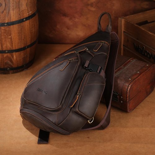 TIDING Full Grain Leather Sling Chest Bag for Men Large Crossbody Shoulder Bag Casual Hiking Daypack Fits 11" Tablet