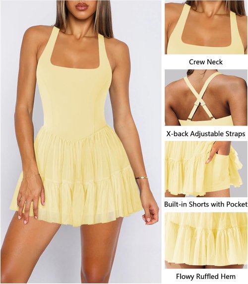 Hragc Women's Tennis Dress - Flowy Pleated Halter Neck Mini Dress with Shorts Pocket | Athletic Style