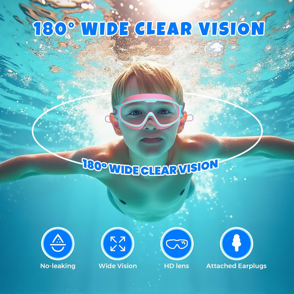 Skiennix Swim Goggles for Kids 3-15 - Anti-Fog UV Protection with Earplugs | Large Frame, 2PCS