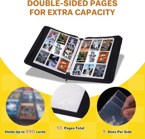 Baseball Card Binder - 990 Pockets Sports Trading Card Holder Album with 55 Removable Sleeves