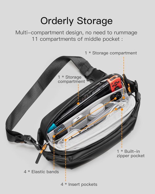 Inateck Sling Bag X - Multi-Pocket Crossbody Chest Bag | Adjustable, Water-Resistant, Black, Large