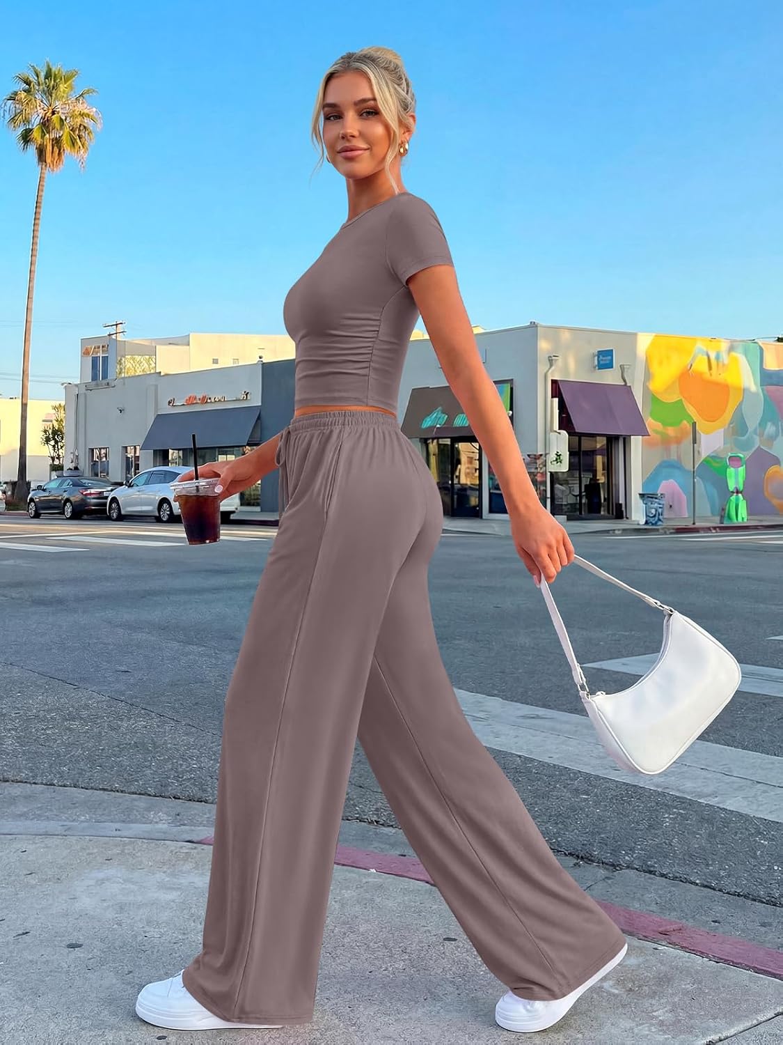 Trendy Queen 2 Piece Summer Sweatsuit | Women's Side Ruching Top & Wide Leg Pants Set with Pockets