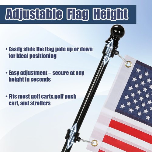 Golf Cart Flag Pole with Flag Holder Mount Kit,Fit for Yamaha,Club Car,EZGO Golf Cart,Golf Push Cart,Boat,Bike,Heavy Duty Aluminium Alloy Base Windproof Black Mounting Bracket Included USA Flag