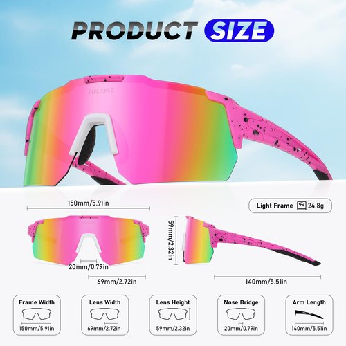 HNJOKE Sports Polarized Sunglasses, UV 400 Protection Running Glasses for Women, Mens Cycling Glasse for Cycling Biking Running Hiking Golf Fishing, Pink