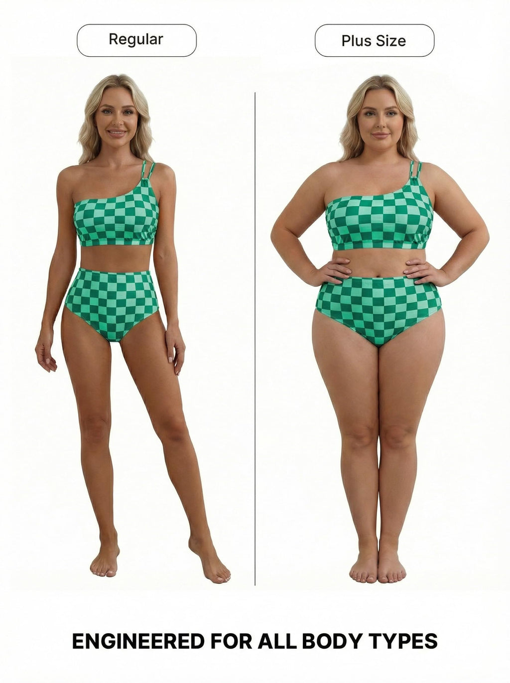 Herseas Women Bikini Sets One Shoulder 2 Piece Swim Suits High Waisted Tummy Control Push Up Adjustable Straps Bathing Suit Sexy Charming Beach Outfits Summer Green Checkered Medium